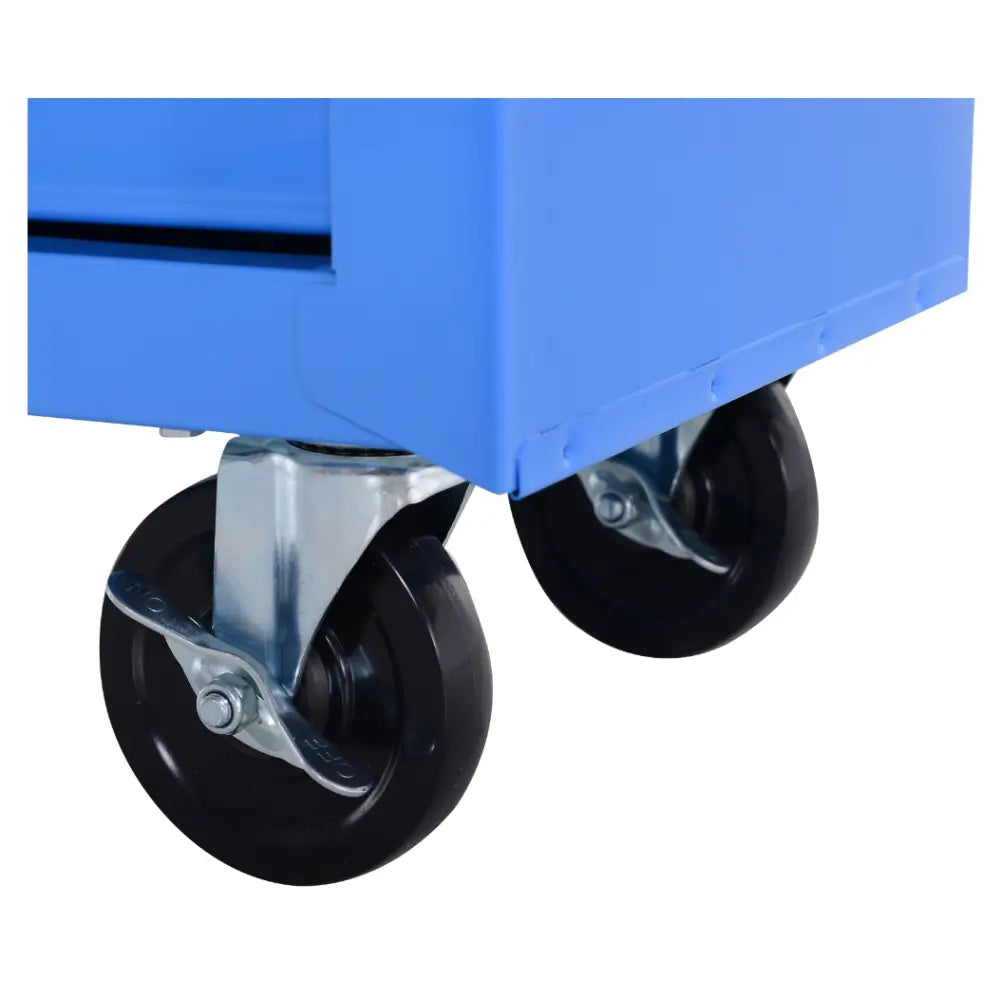 Verkstedsvogn verktøyskap, nærbilde av blått metallskap med to svarte hjul og robuste metallfester.