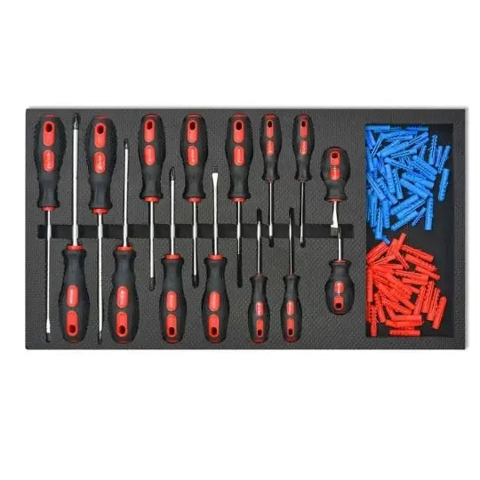 Skrutrekkersett med sorte og røde håndtak i sort innlegg, blå og røde plugger sortert til høyre.