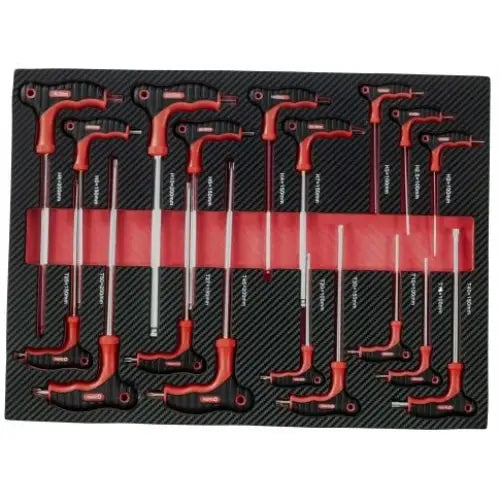 Sett med T-håndtak unbrakonøkler i sort og rødt, ryddig plassert i skuminnlegg, fotografert ovenfra.