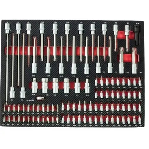 Verkstedvogn Grosley, oversiktsbilde av sort og rødt bitssett med bitsholdere i karbonfibermønstret innlegg.