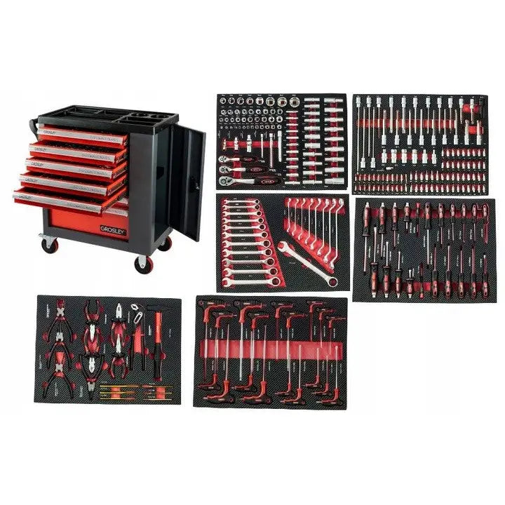 Verkstedvogn Grosley med åpne skuffer, viser organiserte skuminnlegg med håndverktøy og nøkler fra siden.