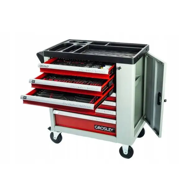 Verkstedvogn fra Grosley i grått metall med røde skuffer, åpen sidedør og synlig sortert verktøy i skuffene.