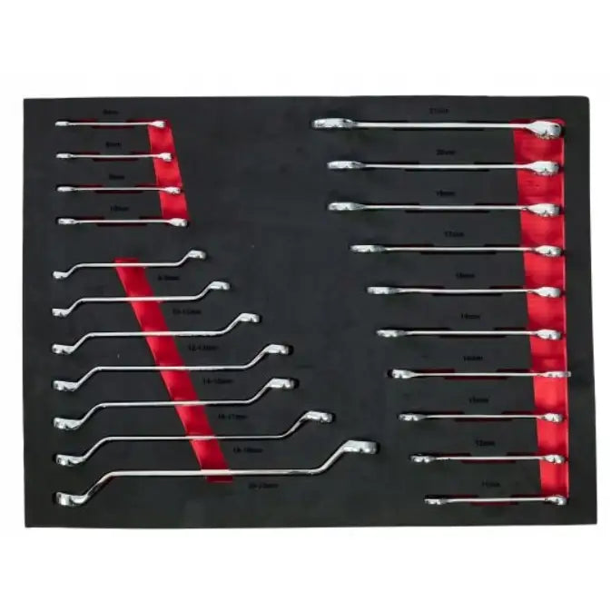 Dobbelthode fastnøkler i forkrommet stål, sort skuminnsats med røde detaljer, sett ovenfra.