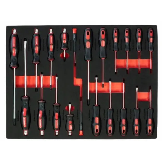 Skrutrekkersett med svarte og røde håndtak, sortert i tilpasset skuff i verkstedvogn fra Grosley.