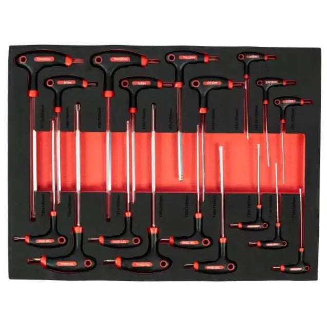 T-håndtak unbrakonøkler i flere størrelser, organisert i svart og rødt skuminnlegg, sett ovenfra.