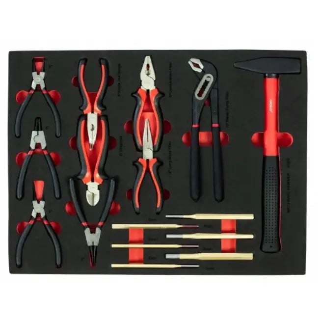 Verkstedvogn med 258 deler, sort skuminnlegg med håndverktøy og røde detaljer sett ovenfra.