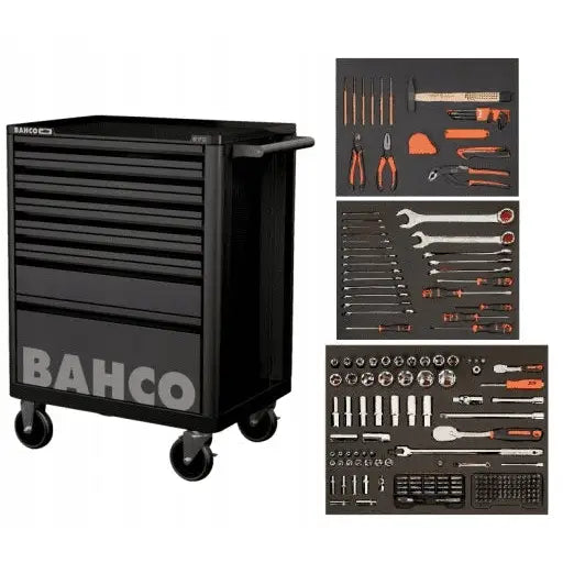 Verkstedvogn med 7 skuffer fra BAHCO, sort design med hjul og organiserte verktøysett i oransje og svart.