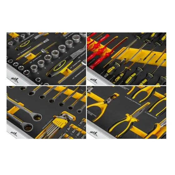 Håndverktøy fra verkstedvogn, sort og gul design, organisert i skuminnlegg, detaljert nærbilde.