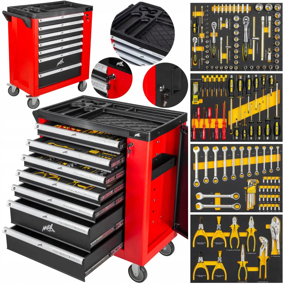 Verkstedvogn med skap, seks åpne skuffer fylt med sorterte verktøy, sett skrått fra siden med detaljbilder.