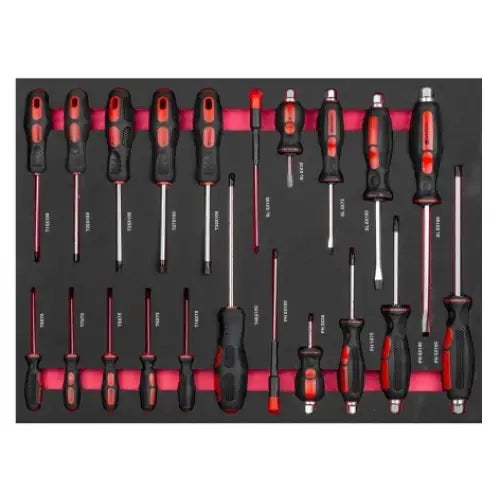 Skrutrekkersett med sorte og røde håndtak, ryddig plassert i svart holder sett ovenfra.