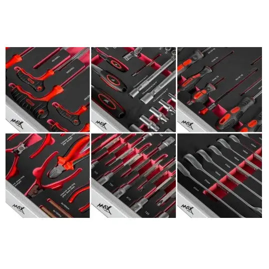 Verkstedvogn med utstyr, nærbilder av røde og svarte håndverktøy ordnet i skuminnlegg i verktøykasse.