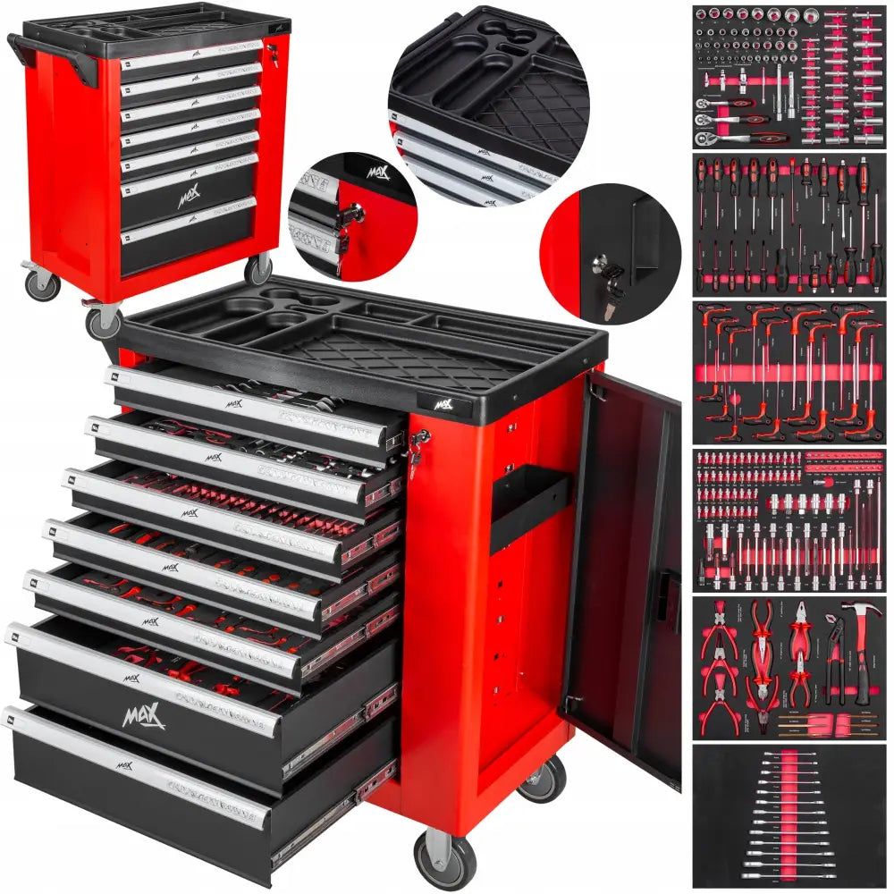 Verkstedvogn med utstyr, fokus på sju åpne skuffer, sortert innhold, nøkkellås og rødt sidehåndtak.