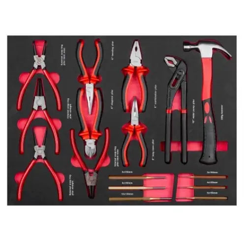 Verkstedvogn med utstyr, detaljert oversikt over tang, hammer og piper i sort skuff med røde markeringer.