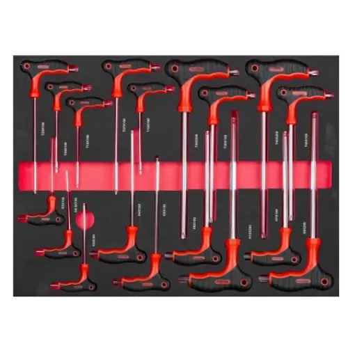 T-håndtak unbrakonøkler i ulike størrelser, sortert i svart og rød holder, sett ovenfra.
