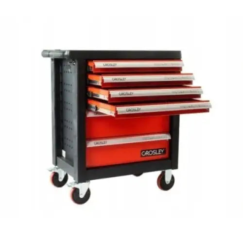 Verkstedvogn med utstyr Grosley, sort og oransje modell med fire åpne skuffer, røde hjul og sidehåndtak.