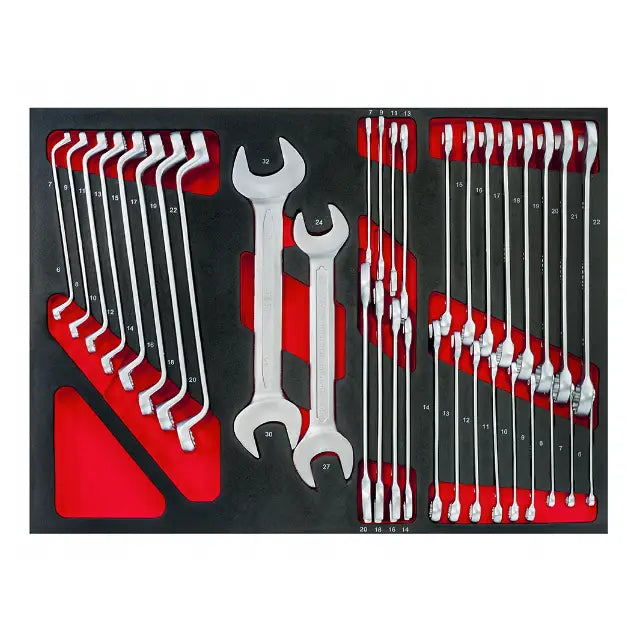 Kombinasjonsnøkler og fastnøkler i blankt metall, sortert i rød og sort skuminnsats, sett ovenfra.