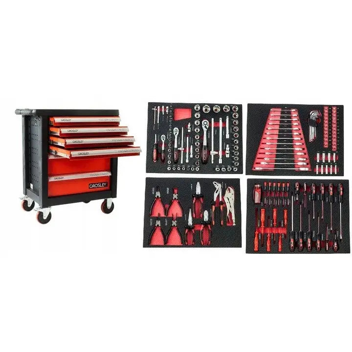 Verkstedvogn med utstyr, sort og rød, sidevisning med åpne skuffer og sortert verktøy i skuminnlegg.