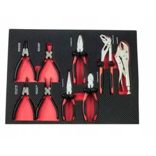 Verkstedvogn med utstyr, seks tenger og én låsetang i sort og rød skuminnsats, sett ovenfra.