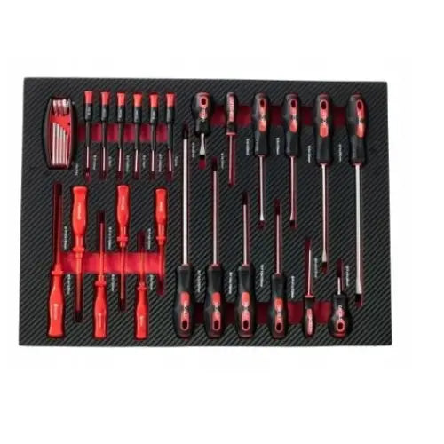 Skrutrekkersett for verkstedvogn, sort og rødt, oversiktsbilde av organiserte verktøy i skuminnlegg.