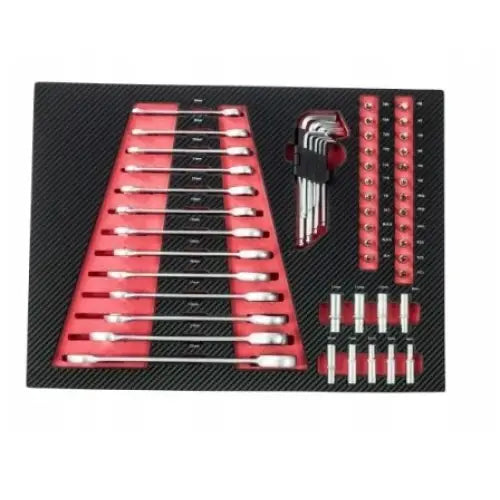 Skuminnlegg til verkstedvogn med fastnøkler, unbrakonøkler og bits, organisert sett ovenfra.