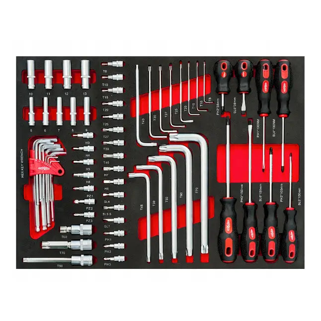 Organiseringsbrett for verkstedvogn, sett ovenfra med skrutrekkere, bits, piper og unbrakonøkler i ulike størrelser.