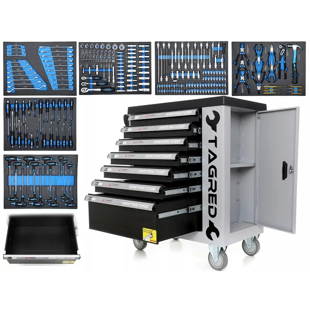 Verkstedvogn med sølvfargede skuffer, åpen for visning av blått og sort håndverktøy i organiserte rom.