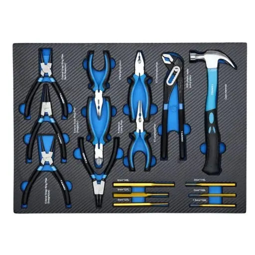 Verkstedvogn Tagred, sort innlegg med avbitertang, kombinasjonstang, hammer og syl med blå håndtak sett ovenfra.