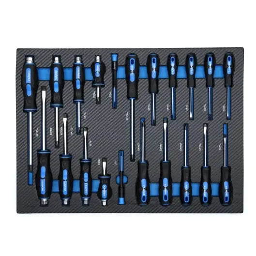 Skrutrekkersett i svart og blått skuminnlegg, ulike størrelser og typer organisert oversiktlig ovenfra.