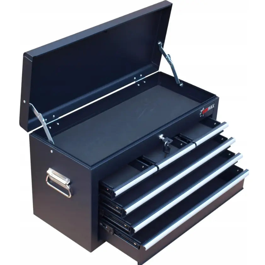 Sort verkstedvogn i metall med åpent lokk, fire utskutte skuffer og sølvfargede håndtak, sett fra siden.