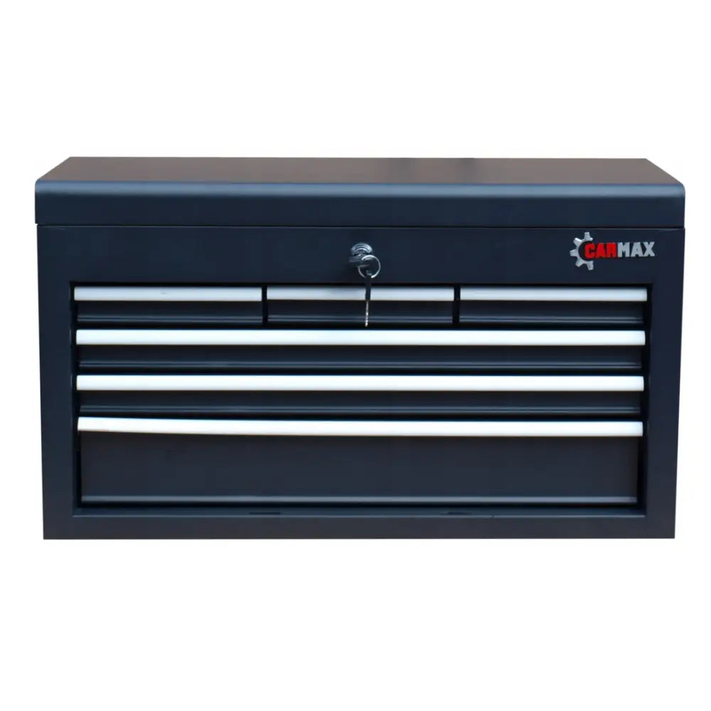 Verkstedvogn i mørkeblått metall, frontvisning med fire skuffer, nøkkellås og sølvfargede håndtak.
