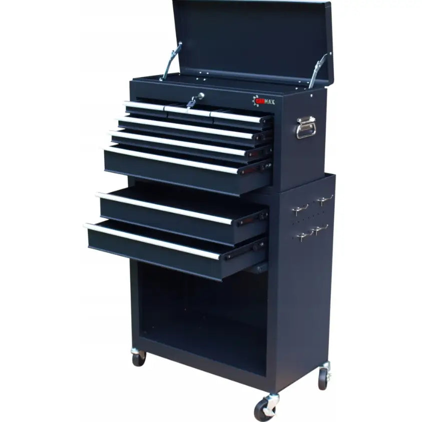 Verktøyskap i sort metall, skrå forfra med åpne skuffer, hjul, sidehåndtak og kroker synlig.