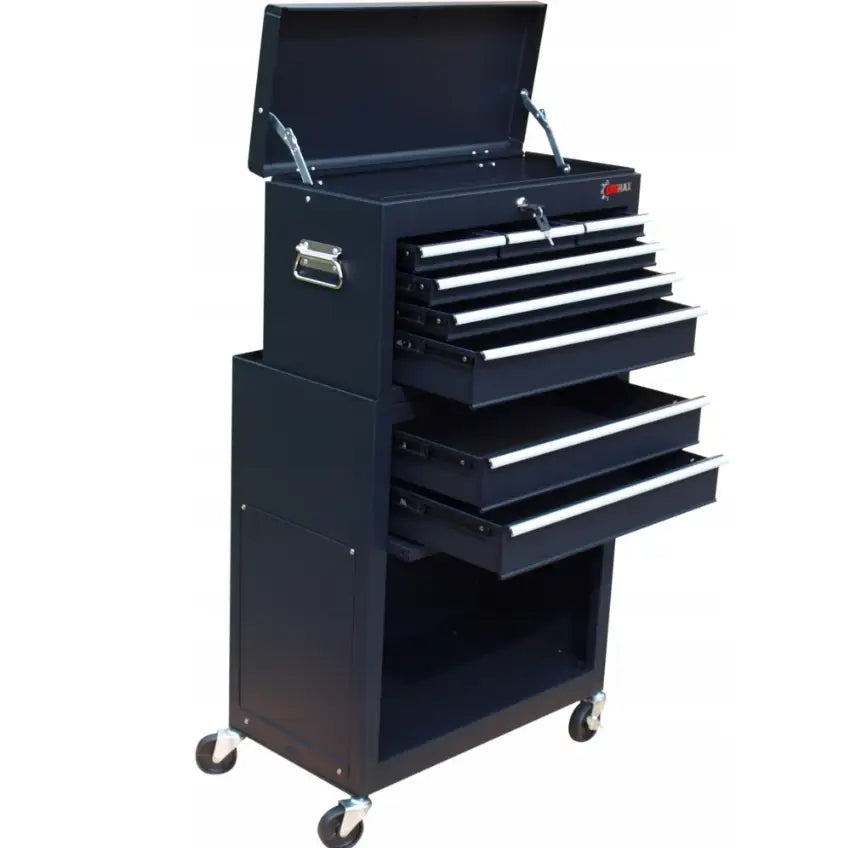 Verkstedvogn med åtte åpne skuffer, åpent topplokk og hjul, sort metall, skrå vinkel i industrimiljø.