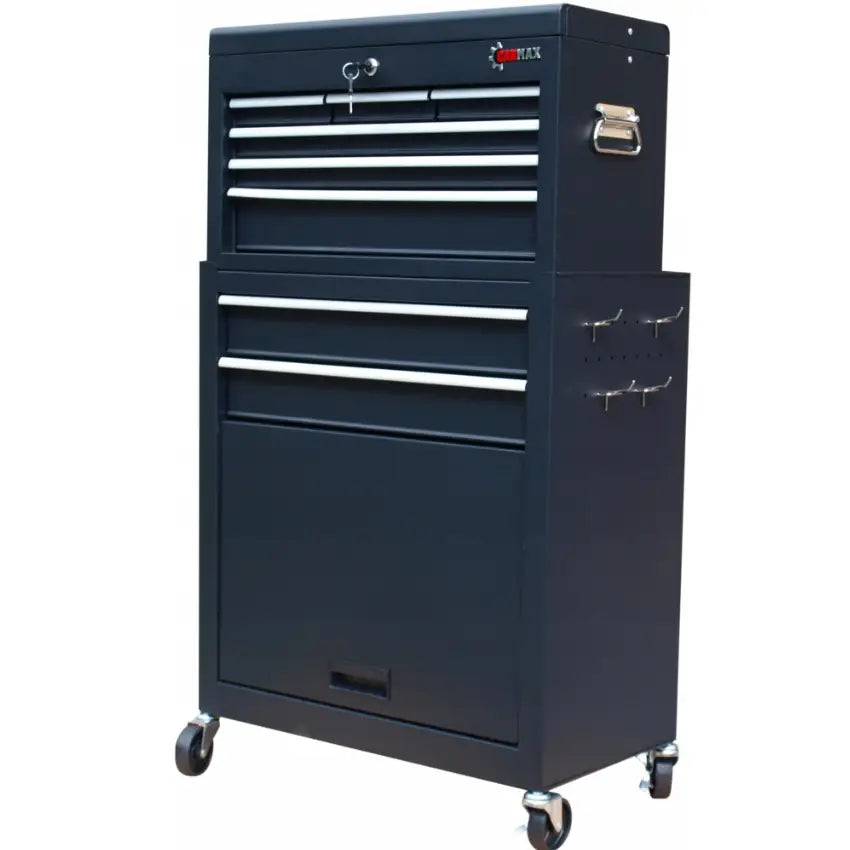 Verkstedvogn i svart metall med åtte sølvfargede skuffer, låsbar topp, sidehåndtak og hjul, sett fra siden.