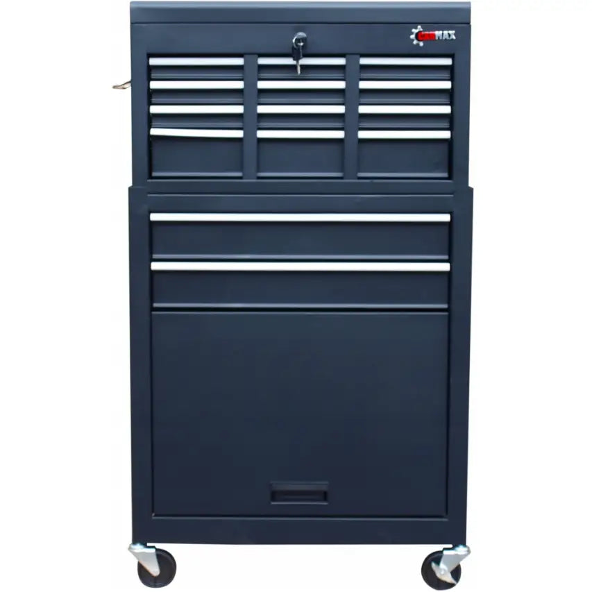 Sort verkstedvogn med åtte skuffer, låsbar toppseksjon og sølvhåndtak, plassert på hjul.