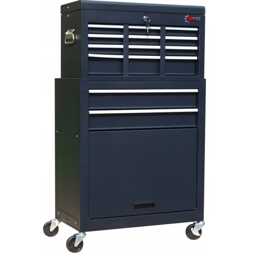 Verktøyskap i sort metall med åtte skuffer, låsesylinder, hjul og sidehåndtak, frontvisning.