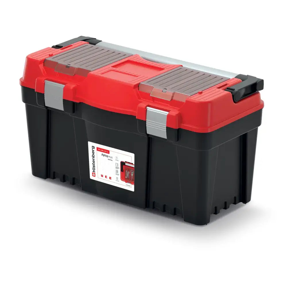 Verktøykasse ApTop Plus 60 i sort og rød plast, skrå vinkel med sølvfargede låser og tydelige etikettdetaljer.