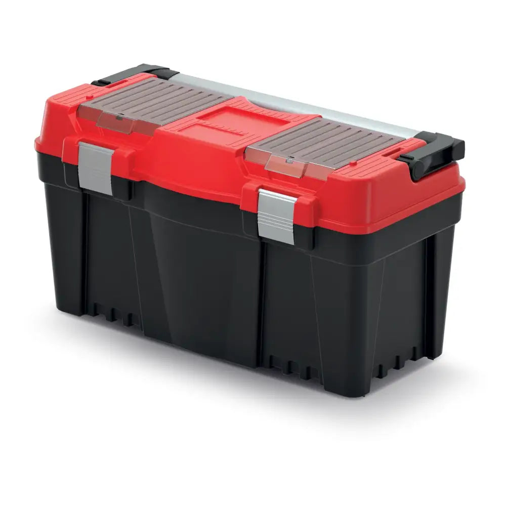 Verktøykasse ApTop Plus 60, sort med rødt lokk, skråvinklet visning av sølvfargede låser og grå detaljer.