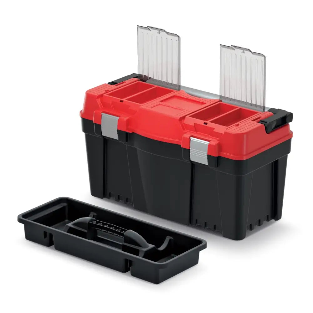 Verktøykasse ApTop Plus 60, skråvisning med åpne lokk, innlegg med håndtak og sølvfargede låser synlig.