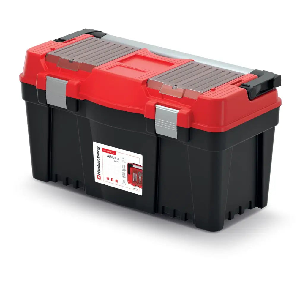 Verktøykasse ApTop Plus 60 i svart og rød plast, skrå vinkel med sølvfargede låser og synlig etikett.