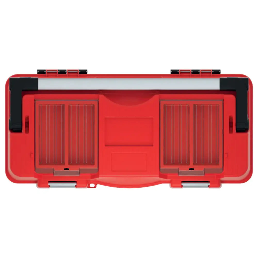 Verktøykasse ApTop Plus 60 sett ovenfra, viser to rillede lokk, sølv bærehåndtak og svarte hjørnebeskyttere.