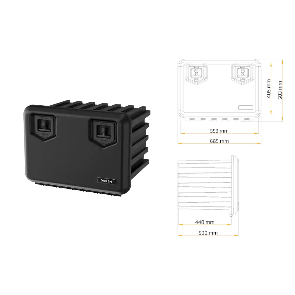 Verktøykasse Daken Arka 685, sort plastboks forfra med to låser, ribber og tekniske måltegninger.