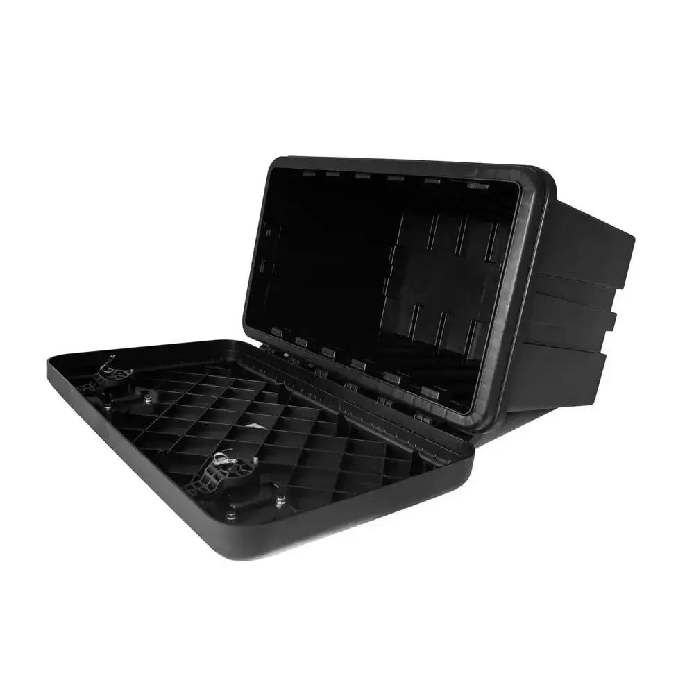 Verktøykasse Daken Arka, åpent lokk viser rutenettmønster og festemekanismer i sort hardplast.