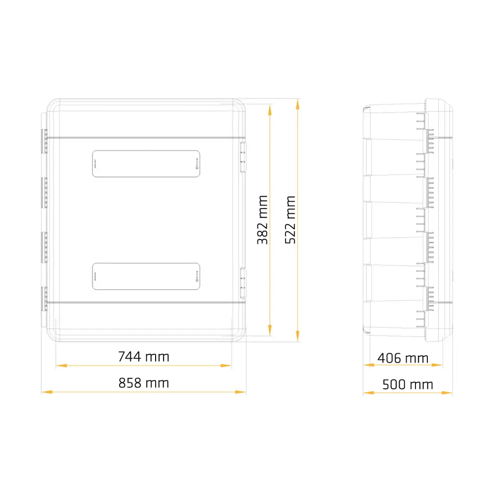 Verktøykasse Daken Arka, teknisk tegning med mål for bredde, høyde og dybde fra front og side.