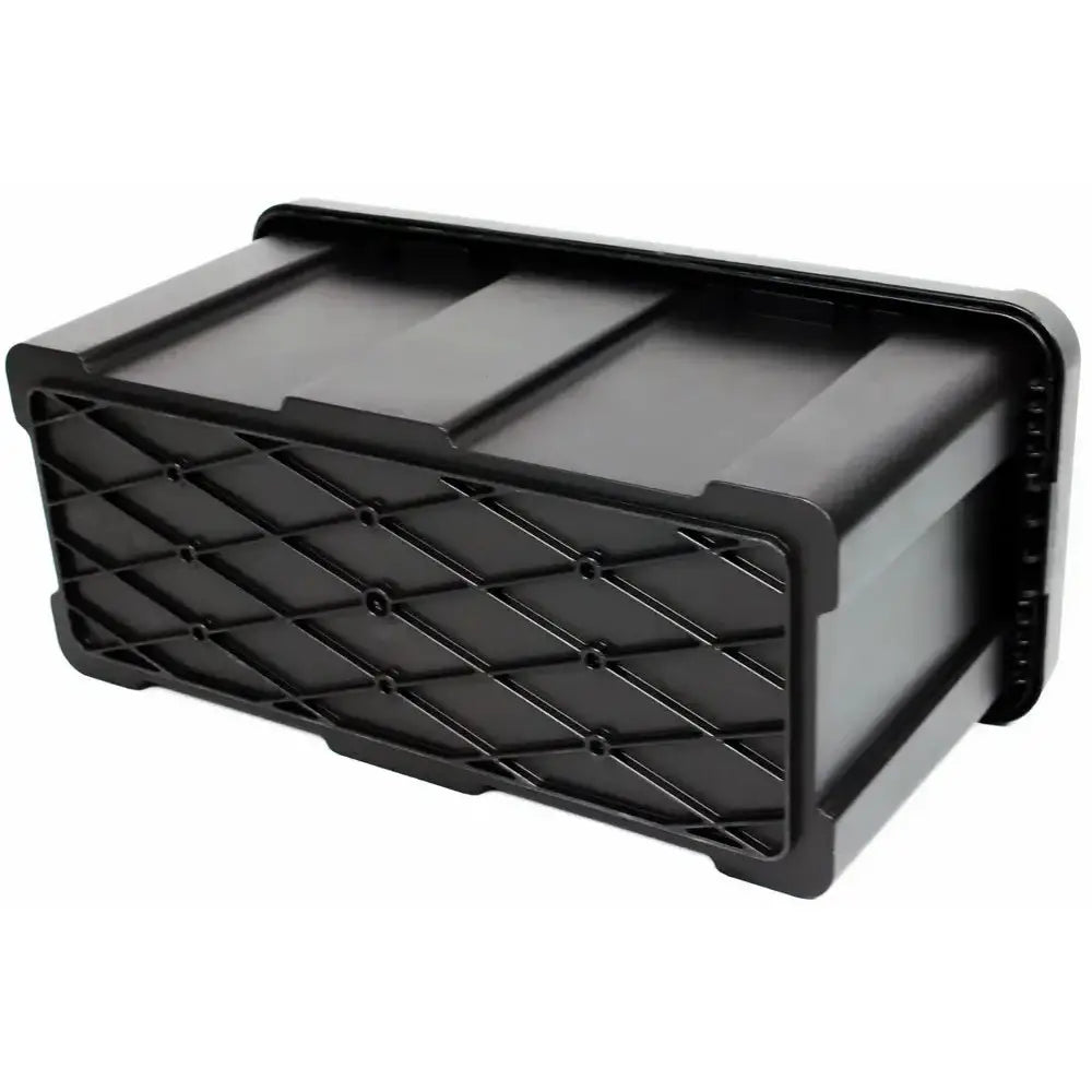 Verktøykasse Daken Blackit 550, skrå sidevisning med forsterkede kanter og rutemønstret svart frontparti.