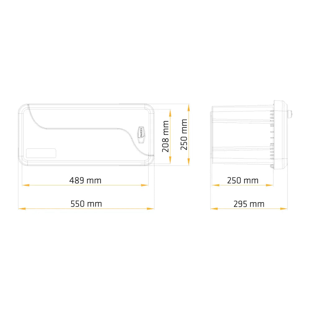 Verktøykasse Daken Blackit 550, teknisk tegning med mål i mm vist fra topp og side.