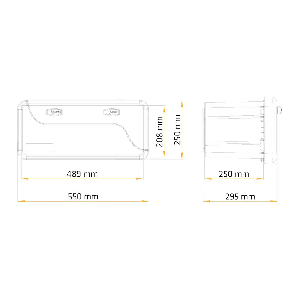 Verktøykasse Daken Blackit 550, teknisk tegning med mål fra front og side, millimeterangivelser synlig.