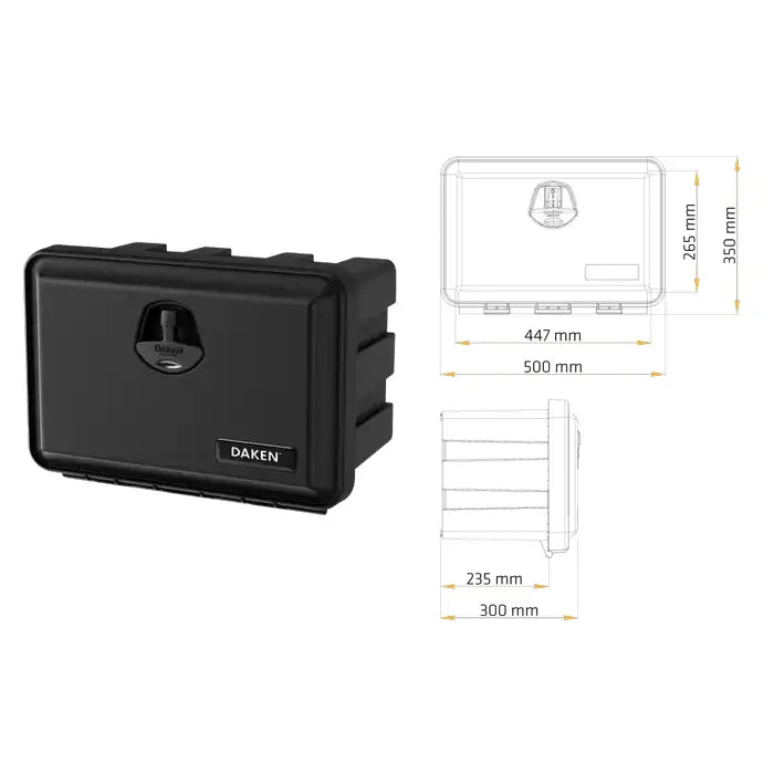 Verktøykasse Daken Just 500, sort plastboks med lås og logo, vises sammen med tekniske måltegninger.