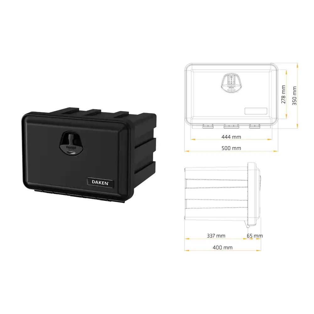 Verktøykasse Daken Just 500, sort plastboks vist skrått forfra med tekniske måltegninger til høyre.