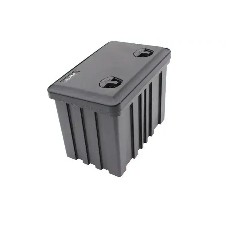 Verktøykasse Daken Just 600, sort plastboks med lokk, to håndtak og vertikale riller, sett skrått ovenfra.