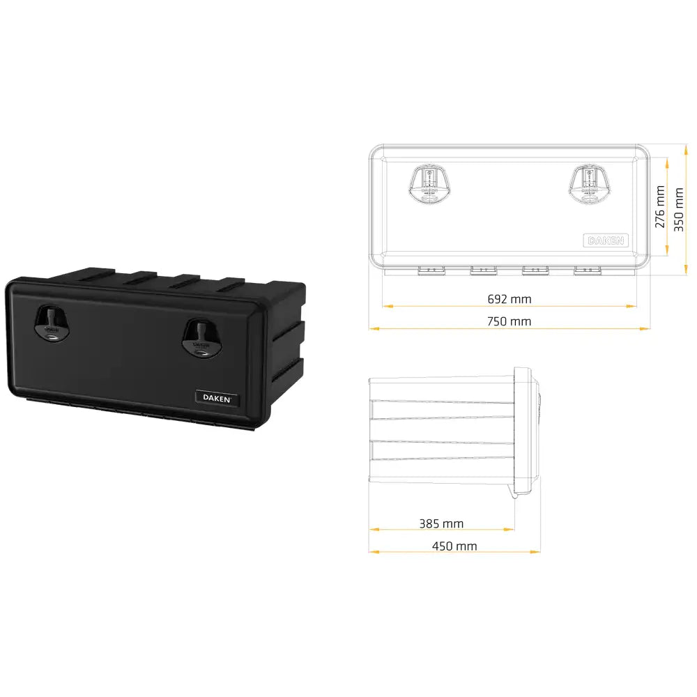 Verktøykasse Daken Just 750, skråvisning med to låser foran og teknisk tegning med mål til høyre.